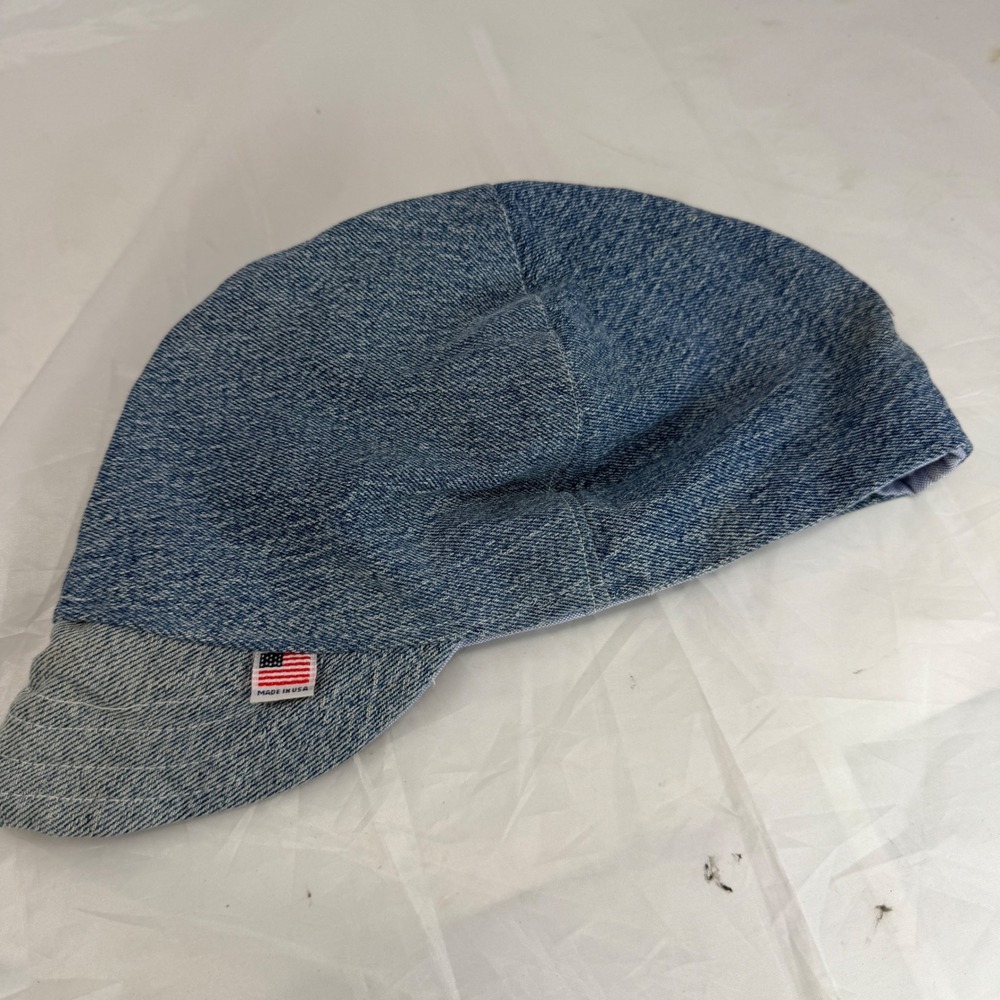 Vintage Made in USA Reversible Denim Welding Cap Short Brim Workwear Hat Blue